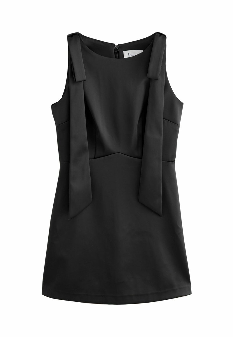 Musta hihaton mekko, jossa on leveät olkaimet, istuva yläosa ja vetoketjclosure takana, sekä sileä pinta.