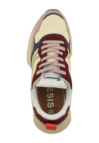 Scarpa sneakers leggera in crema con dettagli in bordeaux, verde e rosa. Tomaia in rete con chiusura a lacci, collare imbottito e soletta testurizzata.