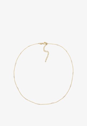 Feine Goldkette mit kleinen, gleichmäßig verteilten weißen Perlen und einem Karabinerverschluss mit verstellbarem Verlängerungskettchen.