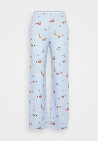 Lyseblå pyjamasbukser med en afslappet pasform og mønstre af blomster og mad. Fremstillet af blødt, åndbart stof med elastisk talje.