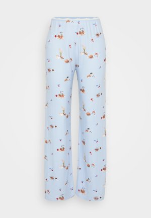 Pantaloni del pigiama azzurro chiaro con una vestibilità comoda e motivi floreali e alimentari. Realizzati in tessuto morbido e traspirante con una fascia elastica in vita.