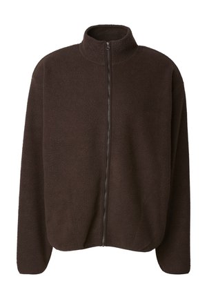 Jachetă din fleece maro închis, cu fermoar frontal complet și guler ridicat, mâneci lungi și croială lejeră.
