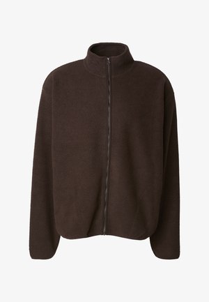 Jachetă din fleece maro închis, cu fermoar frontal complet și guler ridicat, mâneci lungi și croială lejeră.