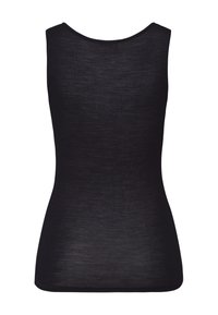 Svart ribbad linne med rund halsringning och figurnära design. Slen textur, inga synliga sömmar, och en något förlängd bakre fåll.