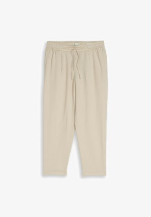 Beige elastic waist pants with drawstring, straight legs, and side pockets, displayed flat on a white background.