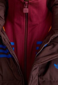 Bruine pufferjas met een bordeauxrode voering. Heeft blauwe en gele strepen aan de zijkanten, ritssluiting en een Adidas-logo op de mouw.
