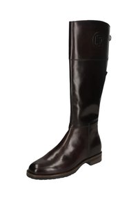 Dunkelbrauner, knielanger Lederstiefel mit niedrigem Absatz, abgerundeter Spitze und dezent eingeprägtem Logo nahe der Spitze auf glatter Oberfläche.