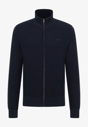 Tumesinine täislukuga kampsun kõrge krae ja vasakul rinnal peene hobuse logoga, pikkade varrukatega ning soonikuga mansettide ja alläärega.