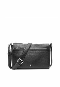 Czarna skórzana torebka na ramię z teksturowanym wykończeniem, posiadająca pasek na ramię, przednią kieszeń na zamek i subtelne logo.