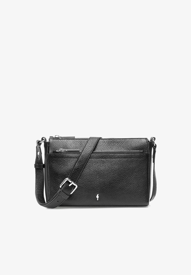 Czarna skórzana torebka na ramię z teksturowanym wykończeniem, posiadająca pasek na ramię, przednią kieszeń na zamek i subtelne logo.