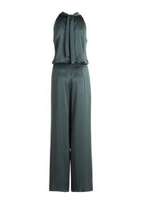 Green satin jumpsuit featuring a halter neckline with a tied bow, wide-leg pants, and a smooth, flowing texture.