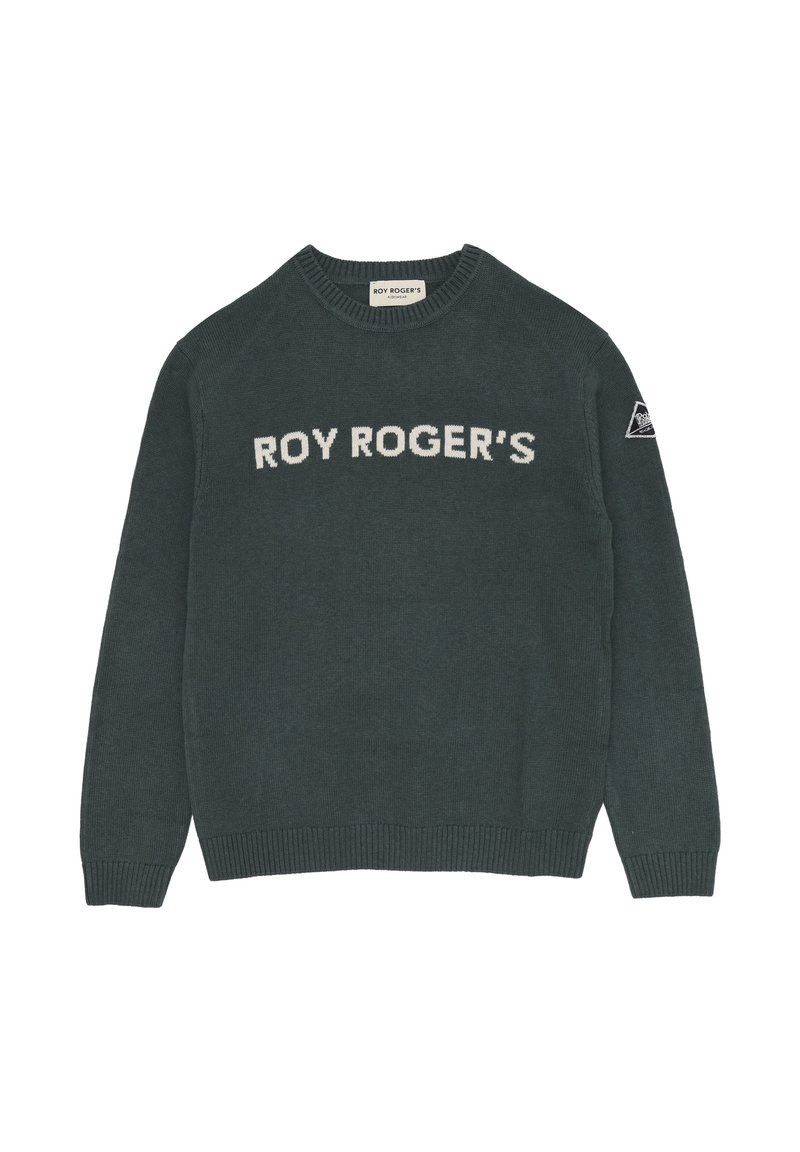 Maglione lavorato a maglia verde scuro con "ROY ROGER'S" in bianco sulla parte anteriore e un piccolo patch triangolare sulla parte superiore sinistra della manica.
