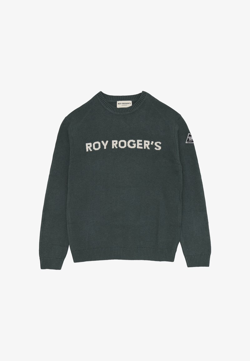 Maglione lavorato a maglia verde scuro con "ROY ROGER'S" in bianco sulla parte anteriore e un piccolo patch triangolare sulla parte superiore sinistra della manica.