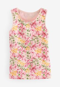 Blumen-Tanktop aus weichem pinken Baumwollstoff, mit lebhaften rosa, gelben und grünen Blumendruck. Ärmelloses Design mit rundem Ausschnitt.