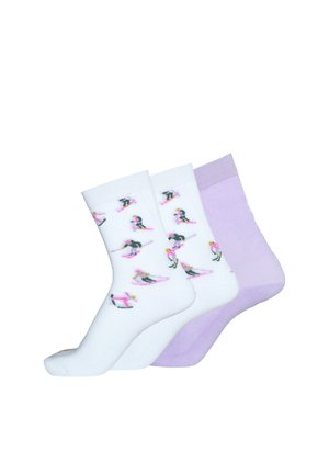 Three pairs of ankle socks, two white with skiing person patterns, one solid light purple, arranged side by side.