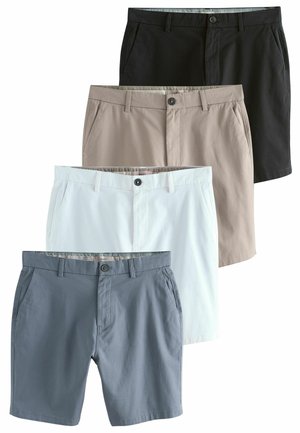 Fire par shorts præsenteret: sort, beige, hvid og lyseblå. Hver har forlommer, knaplukning og en glat stoftekstur.