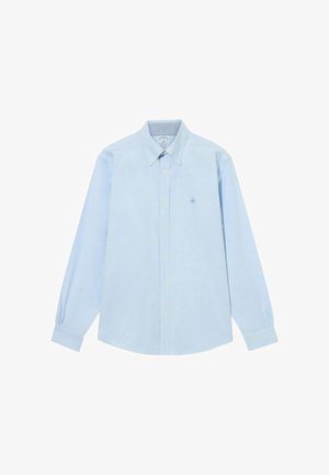 Světle modrá košile s dlouhými rukávy vyrobená z bavlny. Má límec s knoflíky, přední knoflíky a malé vyšívané logo na hrudi.