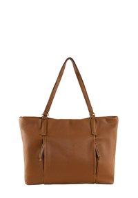 Bolsa tote de cuero marrón con un acabado texturizado, dos asas largas, bolsillo lateral con cremallera y un diseño espacioso.
