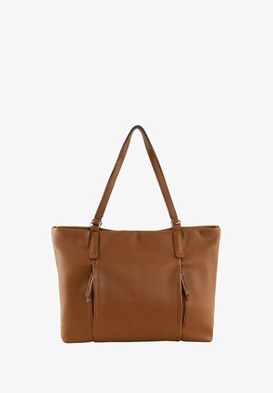 Rjava usnjena torba z teksturiranim zaključkom, dvema dolgima ročajema, stransko žepno zadrgo in prostornim dizajnom.