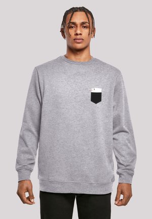 Gray sweatshirt with long sleeves, crew neckline, and a black pocket featuring a white top. Smooth texture, casual design.