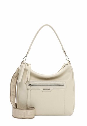 Crèmekleurige leren schoudertas met ritssluiting aan de voorkant, afneembare brede stoffen band en een bovenhandgreep met metalen sluitingen.
