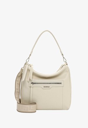 Crèmekleurige leren schoudertas met ritssluiting aan de voorkant, afneembare brede stoffen band en een bovenhandgreep met metalen sluitingen.