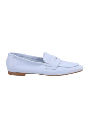 Light blue suede loafer with a flat sole, featuring a folded strap detail on the front and a smooth, matte texture.