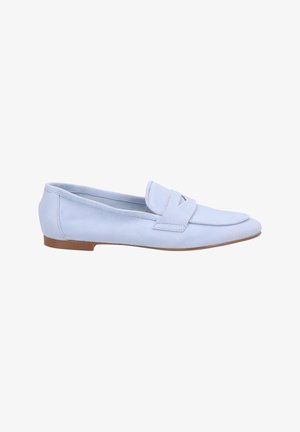 Light blue suede loafer with a flat sole, featuring a folded strap detail on the front and a smooth, matte texture.