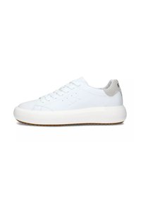 Sneaker bianco con una tomaia in pelle liscia, design con lacci, linguetta grigia sul tallone e una spessa suola in gomma bianca con un battistrada in gomma testurizzata.