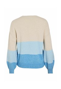 Sweter w kremowo-niebieskie paski o luźnym kroju, z prążkowanymi mankietami i dołem. Miękka tekstura z trzema poziomymi pasami kolorystycznymi.