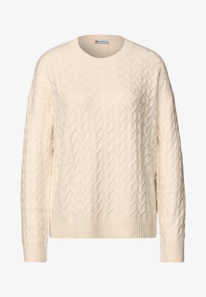 Helle cremefarbene Strickpullover mit Rundhalsausschnitt, ausgestattet mit strukturierten Zickzackmustern sowie gerippten Bündchen und Saum. Weicher Stoff.