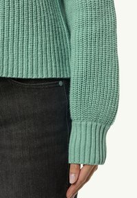 Strickpullover in Minzgrün mit gerippter Textur und Bündchen, kombiniert mit schwarzer Jeans. Besitzt ein figurnahes Design und feine Details an den Ärmeln.