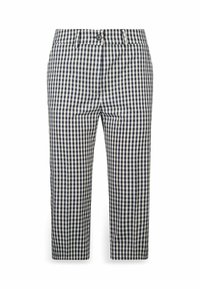 Kalhoty s gingham vzorem v námořnické modré a krémové barvě. Vyrobené z tkaného materiálu, s knoflíkovým zapínáním a rovnými nohavicemi.