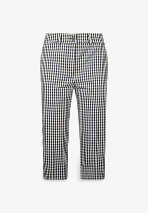 Pantaloni a quadri in navy e crema. Realizzati in tessuto intrecciato, presentano una chiusura con bottone e un design a gamba dritta.