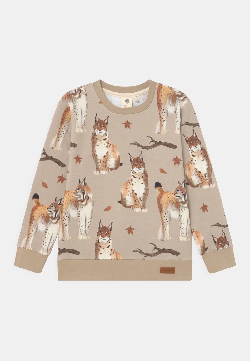Sweat-shirt beige à manches longues avec un motif de lynx dans des nuances de marron et d'orange, accompagné de designs de feuilles et de branches. Comprend une bande inférieure beige.