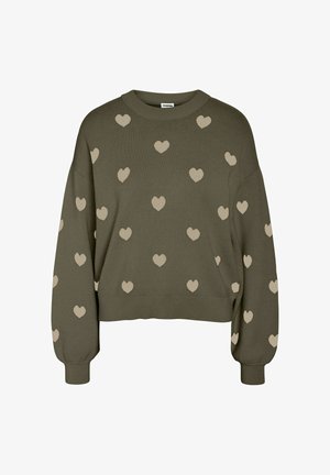 Khaki kampsun, millel on ümar kaelus, pikad varrukad ja lühike disain, kaunistatud beežide südame mustritega üle kogu pinda.