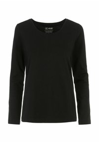 Czarny, długi rękaw, t-shirt wykonany z miękkiej bawełny, z okrągłym dekoltem i luźnym krojem, bez ozdób czy wzorów.