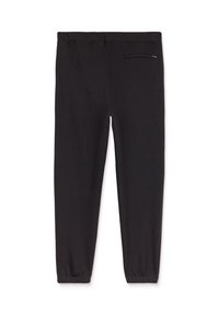 Pantalon de survêtement noir fuselé avec taille et poignets élastiques, doté d'une petite poche arrière sur le côté droit.