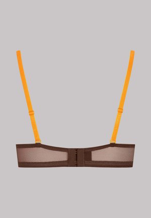 Bralette en maille marron avec des bretelles ajustables orange, dotée d'une fermeture à crochet et œillet et de détails de couture subtils. Design minimaliste.
