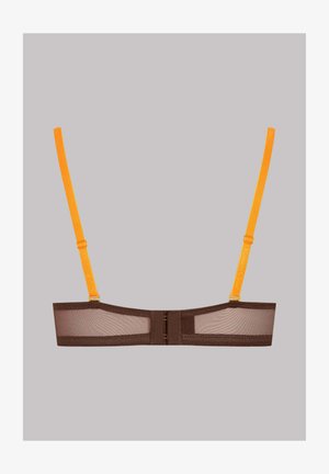Braun Netz-Bralette mit orangefarbenen verstellbaren Trägern, ausgestattet mit einem Haken- und Ösenverschluss und subtilen Nähten. Minimalistisches Design.