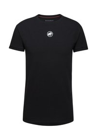 Schwarzes T-Shirt mit kurzen Ärmeln aus Baumwolle, mit rundem Halsausschnitt und kleinem weißen Mammut-Logo auf der Brust. Glatte Textur.
