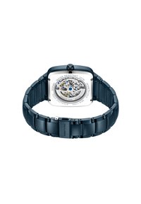 Kwadratowy zegarek ze stali nierdzewnej z ciemnoniebieskim metalowym paskiem, przezroczysty tył odsłaniający mechanizm, wodoodporny do 5ATM.