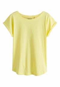 Sárga rövid ujjú póló, könnyű pamutból készült, lekerekített nyakkivágással és laza szabással, sima, puha tapintású.