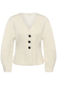 Cardigan couleur crème à manches longues avec un décolleté en V et trois boutons noirs sur le devant.