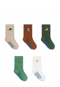 Cinco calcetines de colores para niños con empuñaduras antideslizantes azules, cada uno con un bordado de un pequeño dinosaurio diferente en el tobillo.