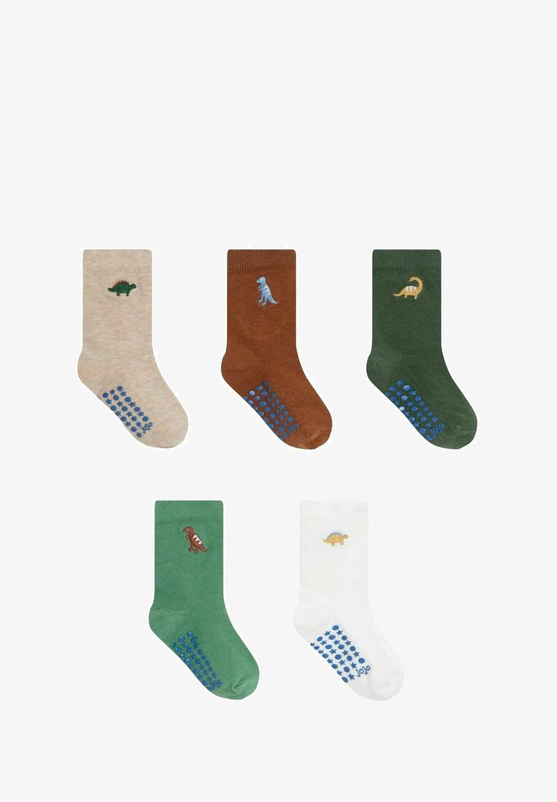 Fem farverige børnesokker med skridsikre blå grips, hver med en forskellig lille dinosaur broderet på anklen.