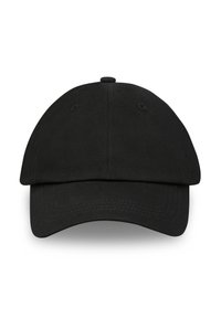 Fekete, pamutból készült sapka, ívelt billennnyel, hat panelel, szellőzőnyílásokkal és egy gombbal a tetején. Egyszerű design, látható logók nélkül.