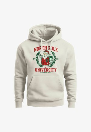 Cremefarbener Kapuzenpullover mit einer Grafik von Santa in einem roten Outfit, umgeben von grünen Blättern, mit der Aufschrift "NORTH POLE UNIVERSITY" und "SLEIGH DELIVERY."