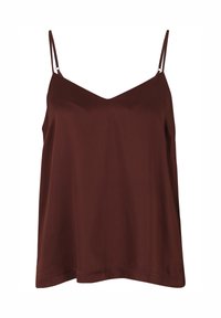 Bruine mouwloze camisole met dunne verstelbare bandjes, V-hals, ontspannen pasvorm en gladde textuur. Geen patronen of hardware zichtbaar.
