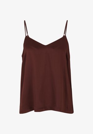 Brązowy bezrękawnik na ramiączkach z cienkimi regulowanymi paskami, w dekolcie V, luźny krój i gładka tekstura. Brak widocznych wzorów i okuć.